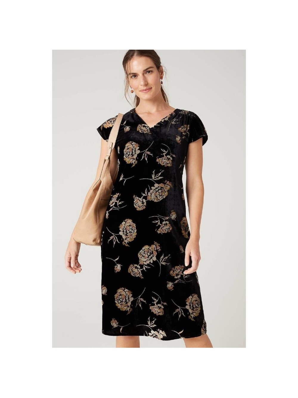 J. Jill Black Velvet Midi Dress with Gold Floral Print